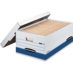 Bankers Box Stor/File FastFold Medium-Duty Storage Boxes With Locking Lift-Off Lids And Built-In Handles, Legal Size, 24D x 15in x 10in, White/Blue, 60% Recycled, Case Of 12