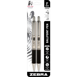 Zebra Pen F-402 Stainless Steel Retractable Ballpoint Pens, Pack Of 2, Fine Point, 0.7 mm, Silver Barrel, Black Ink