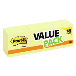 Post-it Notes, 3 in x 3 in, 18 Pads, 100 Sheets/Pad, Clean Removal, Canary Yellow