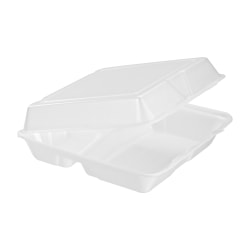 Dart Carryout Food Containers, Foam-Hinged, 3 Compartments, 9 1/2in x 9 1/4in x 3in, White, Pack Of 200