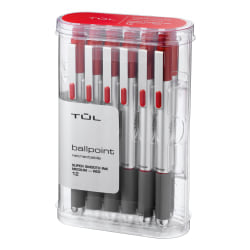 TUL BP Series Retractable Ballpoint Pens, Medium Point, 1.0 mm, Silver Barrel, Red Ink, Pack Of 12 Pens