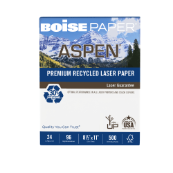 Boise ASPEN Laser Paper, Letter Size (8 1/2in x 11in), 96 (U.S.) Brightness, 24 Lb, 30% Recycled, FSC Certified, White, Ream Of 500 Sheets