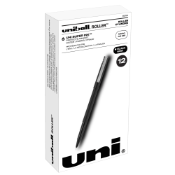 uni-ball Rollerball Pens, Micro Point, 0.5 mm, 80% Recycled, Black Barrel, Black Ink, Pack Of 12 Pens