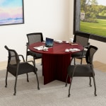 Boss Office Products 42in Round Table And Mesh Guest Chairs With Casters Set, Mahogany/Black