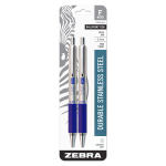 Zebra Pen F-402 Stainless Steel Retractable Ballpoint Pens, Pack Of 2, Fine Point, 0.7 mm, Assorted Barrel, Blue Ink