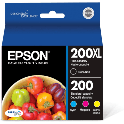 Epson 200XL, 200 DuraBrite Ultra High-Yield Black And Cyan, Magenta, Yellow Ink Cartridges, Pack Of 4, T200XL-BCS