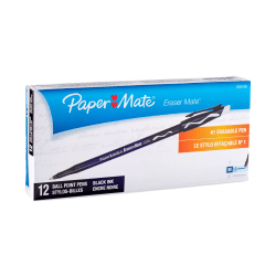 Paper Mate Erasermate Ballpoint Pens, Medium Point, Black Barrel, Black Ink, Pack Of 12 Pens