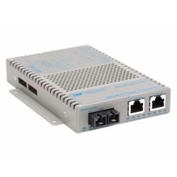 Omnitron OmniConverter 10/100/1000 PoE Gigabit Ethernet Fiber Media Converter Switch RJ45 SC Multimode 550m Wide Temp - 2 x 10/100/1000BASE-T; 1 x 1000BASE-SX; US AC Powered; Lifetime Warranty