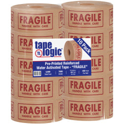 Tape Logic Preprinted Reinforced Water-Activated Tape, Fragile, 3in Core, 3in x 150 Yd., Kraft, Case Of 10