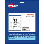 Avery Permanent Labels With Sure Feed, 94233-WMP50, Rectangle, 1-13/16in x 2-3/16in, White, Pack Of 600