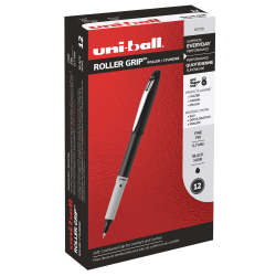 uni-ball Grip Rollerball Pens, Fine Point, 0.7 mm, Black Barrel, Black Ink, Pack Of 12