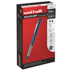 uni-ball Grip Rollerball Pens, Fine Point, 0.7 mm, Blue Barrel, Blue Ink, Pack Of 12