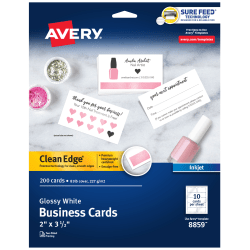 Avery Clean Edge Printable Business Cards With Sure Feed Technology For Inkjet Printers, 2in x 3.5in, Glossy White, 200 Blank Cards