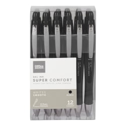 Office Depot Brand Super Comfort Grip Retractable Gel Pens, Medium Point, 0.7 mm, Black Barrel, Black Ink, Pack Of 12