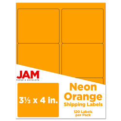 JAM Paper Mailing Address Labels, Rectangle, 3 1/3in x 4in, Neon Orange, Pack Of 120