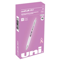 uni-ball 207 Pink Ribbon Retractable Fraud Prevention Gel Pens, Medium Point, 0.7 mm, Pink Barrels, Black Ink, Pack Of 12