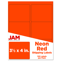 JAM Paper Mailing Address Labels, Rectangle, 3 1/3in x 4in, Neon Red, Pack Of 120