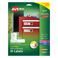 Avery Easy Align Self-Laminating ID Labels, AVE00757, 1 1/16in x 3 1/2in, White, Pack of 250