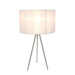 Simple Designs Tripod Table Lamp with Pleated Silk Sheer Shade, 19.69inH, Brushed Nickel/White