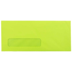 JAM Paper #10 Single-Window Booklet Envelopes, Bottom Left Window, Gummed Seal, Brite Hue Ultra Lime Green, Pack Of 25