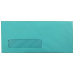 JAM Paper #10 Single-Window Booklet Envelopes, Bottom Left Window, Gummed Seal, 30% Recycled, Brite Hue Sea Blue, Pack Of 25