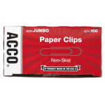 ACCO Economy Non-Skid Paper Clips, 1000 Total, Jumbo, Silver, 100 Per Box, Pack Of 10 Boxes