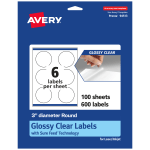 Avery Glossy Permanent Labels With Sure Feed, 94513-CGF100, Round, 3in Diameter, Clear, Pack Of 600