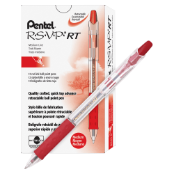 Pentel R.S.V.P. Retractable Ballpoint Pens, Medium Point, 1.0 mm, Clear Barrel, Red Ink, Pack Of 12 Pens