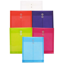 JAM Paper Plastic Open-End Envelopes, Letter, 11-3/4in x 9-3/4in, With Button & String Closure, Assorted Colors, Pack Of 6 Envelopes