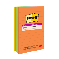 Post-it Super Sticky Notes, 4 in x 6 in, 5 Pads, 90 Sheets/Pad, 2x the Sticking Power, Energy Boost Collection, Lined