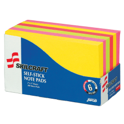 SKILCRAFT Self-Stick Note Pads, 600 Total Notes, Pack Of 6 Pads, 3in x 5in, Assorted Neon Colors, 100 Notes Per Pad (AbilityOne 7530-01-418-1420)