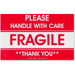 Tatco Fragile/Handle With Care Shipping Label, Rectangle, 3in x 5in, Red/White, Roll of 500