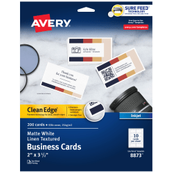 Avery Clean Edge Printable Business Cards With Sure Feed Technology for Laser Printers, 2in x 3.5in, White, 200 Blank Cards