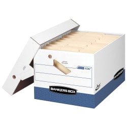 Bankers Box Presto Heavy-Duty Storage Boxes With Locking Lift-Off Lids And Built-In Handles, Letter/Legal Size, 15in x 12in x 10in, 60% Recycled, White/Blue, Case Of 12