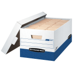 Bankers Box Presto Heavy-Duty Storage Boxes With Locking Lift-Off Lids And Built-In Handles, Letter Size, 24in x 12in x 10in, 60% Recycled, White/Blue, Case Of 12