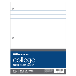 Office Depot Brand Ruled Filler Paper, 8 1/2in x 11in, College Ruled, White, Ream Of 500 Sheets