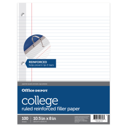 Office Depot Brand Reinforced Filler Paper, 8in x 10 1/2in, 16 Lb, Wide Ruled, White, Pack Of 100