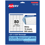 Avery Waterproof Permanent Labels With Sure Feed, 94203-WMF10, Rectangle, 1/2in x 1-3/4in, White, Pack Of 800