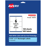 Avery Permanent Labels With Sure Feed, 94215-WMP100, Rectangle, 3-1/3in x 4in, White, Pack Of 600