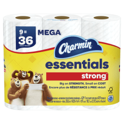 Charmin Essentials Strong Mega 2-Ply Toilet Paper Rolls, 4in x 4-1/2in, White, 429 Sheets Per Roll, Pack Of 9 Rolls