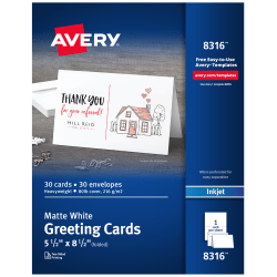 Avery Printable Note Cards With Envelopes, 4.25in x 5.5in, Matte White, 60 Blank Note Cards For Inkjet Printers