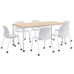 KFI Studios Dailey Table Set With 6 Caster Chairs, Natural Table/White Chairs