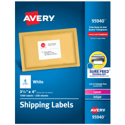 Avery Shipping Labels With Sure Feed Technology, 95940, Rectangle, 3-1/3in x 4in, White, Pack Of 1,500 Labels