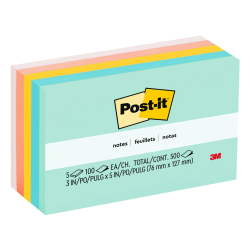 Post-it Notes, 3 in x 5 in, 5 Pads, 100 Sheets/Pad, Clean Removal, Beachside Cafe Collection