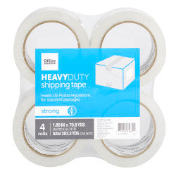 Office Depot Brand Heavy Duty Shipping Packing Tape, 1.89in x 70.8 Yd, Crystal Clear, Pack Of 4 Rolls