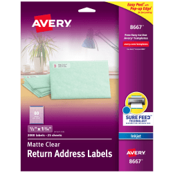 Avery Matte Return Address Labels With Sure Feed Technology, 8667, Rectangle, 1/2in x 1-3/4in, Clear, Pack Of 2,000