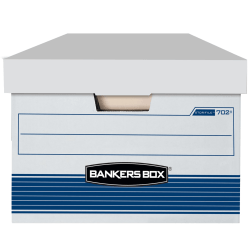 Bankers Box Stor/File FastFold Standard-Duty Storage Boxes With Locking Lift-Off Lids And Built-In Handles, Legal Size, 24D x 15in x 10in, 60% Recycled, White/Blue, Case Of 4