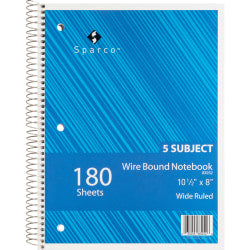 Sparco Quality Wire-Bound Wide Ruled Notebook, 8in x 10 1/2in, 120 Sheets, Bright White/Cover Assorted Colors