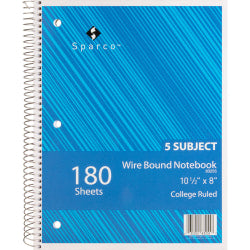 Sparco Quality Wire-Bound College Ruled Notebook, 8in x 10 1/2in, 120 Sheets, Assorted Colors