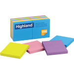 Highland Self-Stick Notes, 3in x 3in, Assorted Bright Colors, 100 Sheets Per Pad, Pack Of 12 Pads